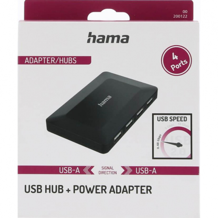 Hama Hub USB-A 2.0 4x Portar 480 Mbit/s Svart