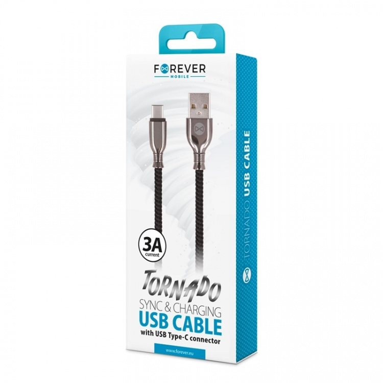 Forever Tornado - USB-C kabel för Snabbladdning (3A), 1m, Svart Forever Tornado - USB-C kabel för Snabbladdning (3A), 1m, Svart