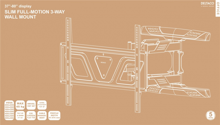 DELTACO Office, slim full-motion 3-way wall, 37