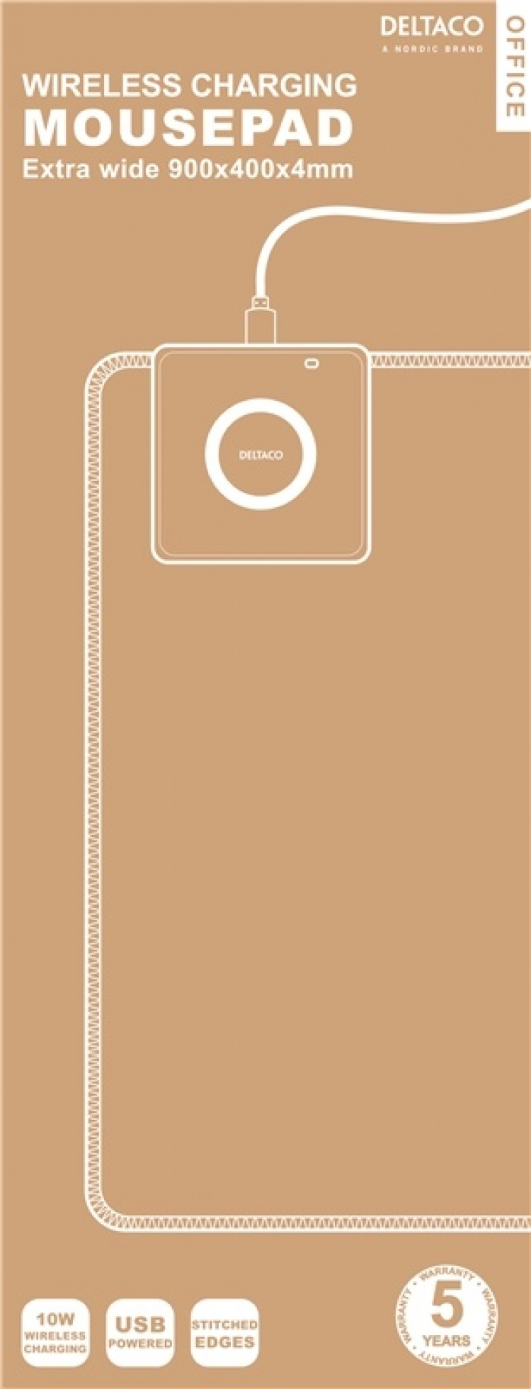 DELTACO Office, extra wide mousepad with fast wireless charger, 90x40