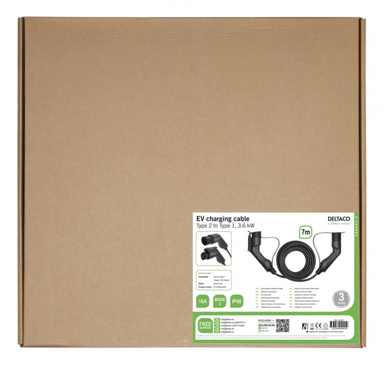 DELTACO e-Charge, cable type 2 - type 1, 1 phase, 16A, 7M