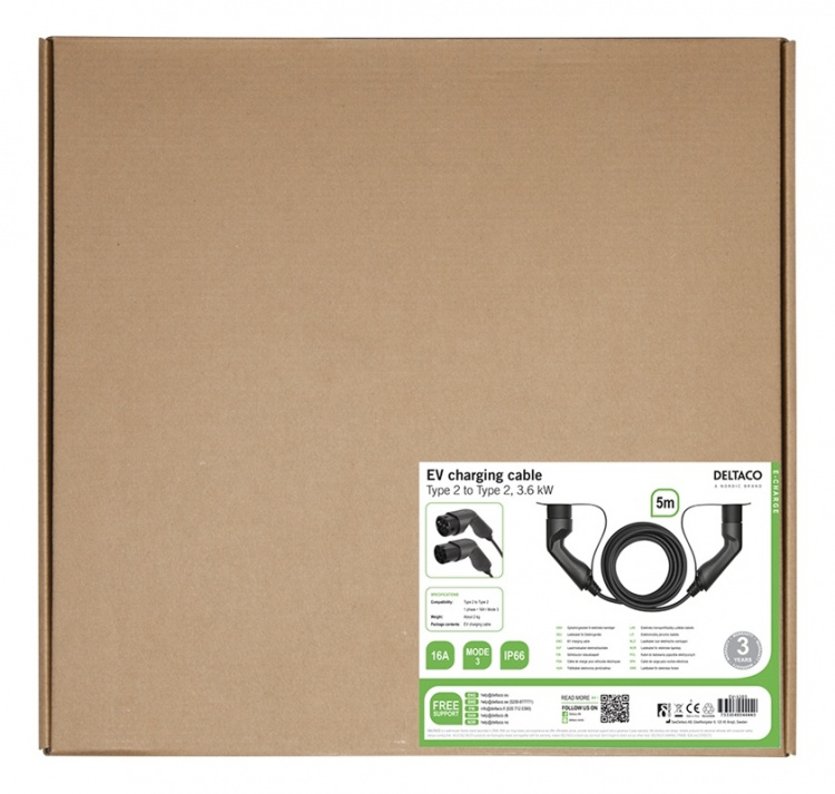 DELTACO e-Charge, cable type 2 - type 2, 1 phase, 16A, 5M