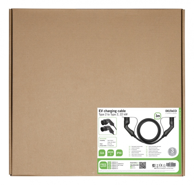 DELTACO e-Charge, cable type 2 - type 2, 3 phase, 32A, 3M