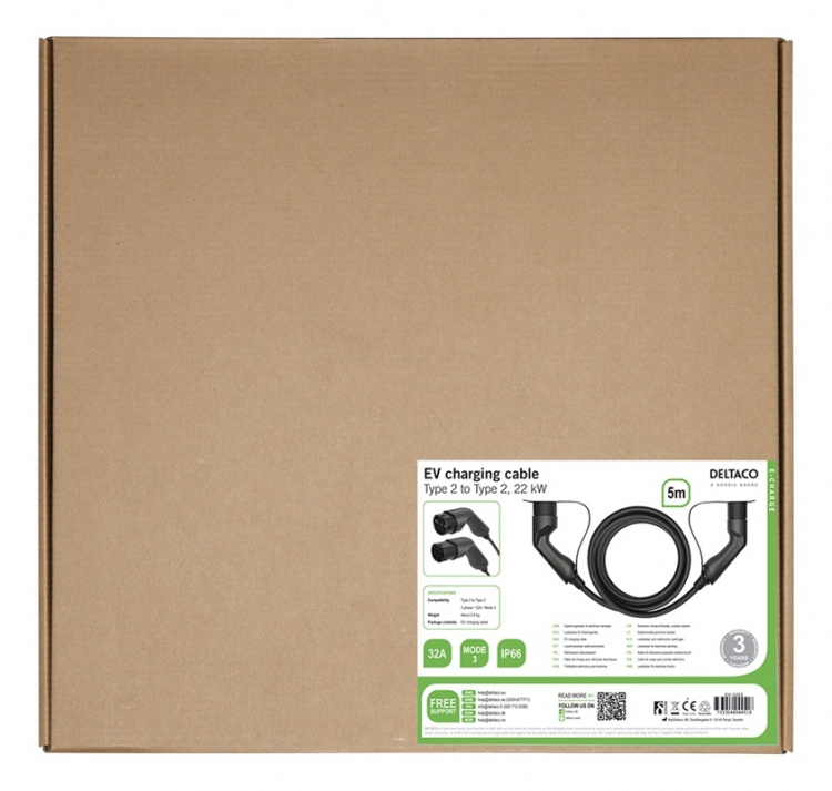 DELTACO e-Charge, cable type 2 - type 2, 3 phase, 32A, 5M