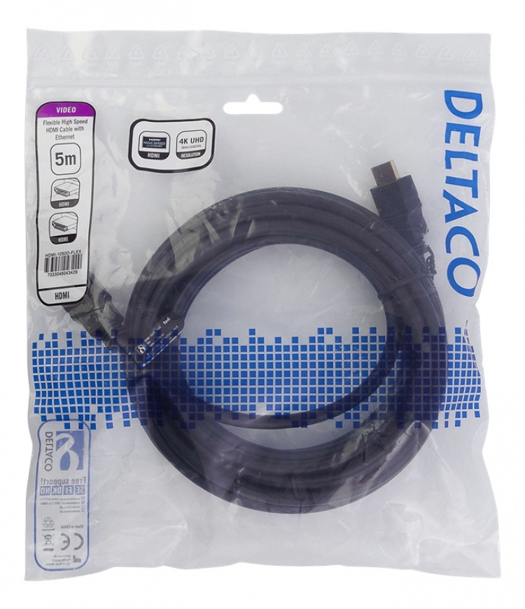 DELTACO flexibel HDMI-kabel, 4K UltraHD i 30Hz, 5m, svart