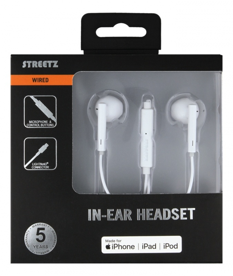 STREETZ in-ear Lightning headset, MFi, volume control, remote, white