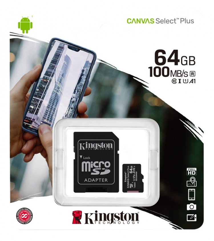 Kingston 64GB micSDXC Canvas Select Plus 100R A1 C10 Card + ADP Kingston 64GB micSDXC Canvas Select Plus 100R A1 C10 Card + ADP