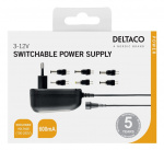 DELTACO nätadapter 110-230V till 3-12V DC, 600 mA, utbytbara kontakter