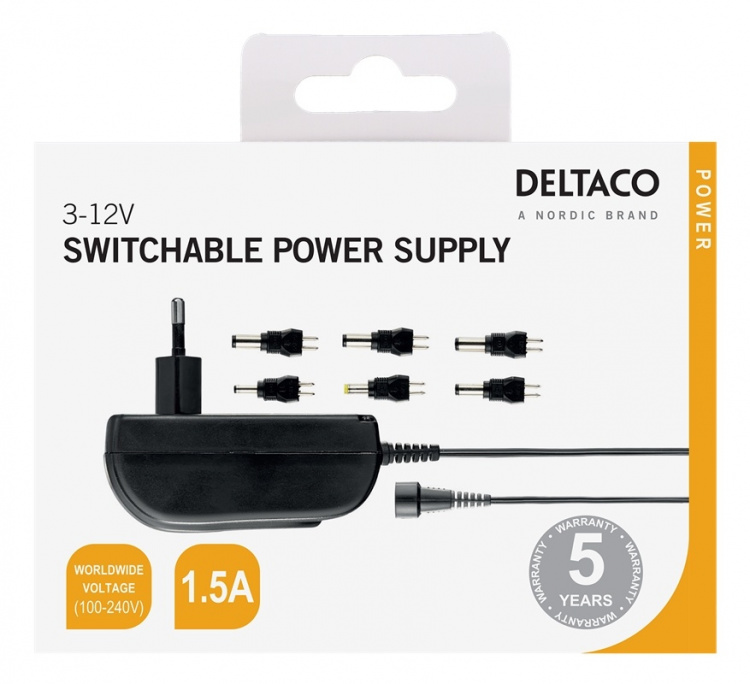 DELTACO switchable power supply, 100-240 V, 3-12 V, 1,5 A, 6 tips