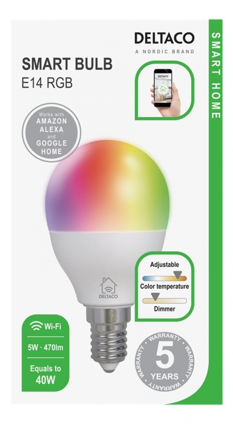 DELTACO SMART HOME LED-lampa, E14, WiFI 2,4GHz, 5W, 470lm, dimbar, 2700K-6500K, DELTACO SMART HOME LED-lampa, E14, WiFI 2,4GHz, 5W, 470lm, dimbar, 2700K-6500K,
