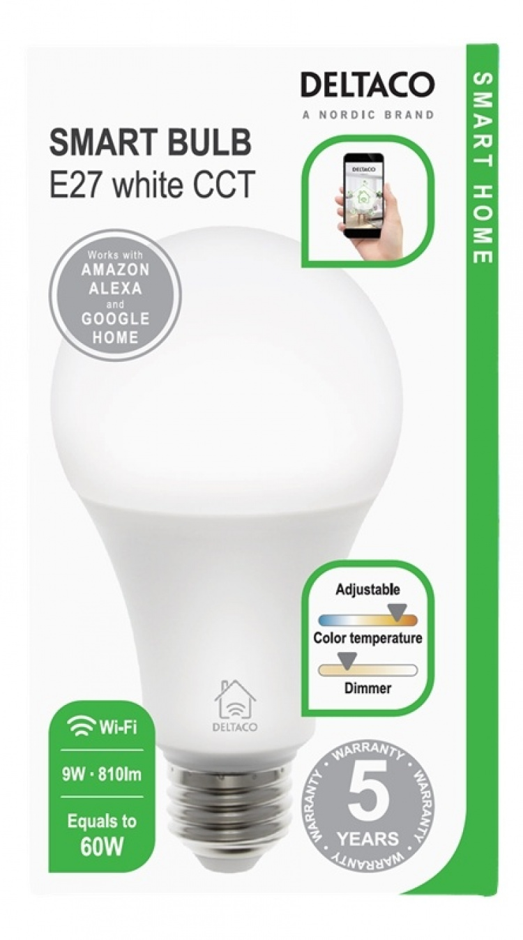 DELTACO SMART HOME LED-lampa, E27, WiFI, 9W, 2700K-6500K, dimbar, vit