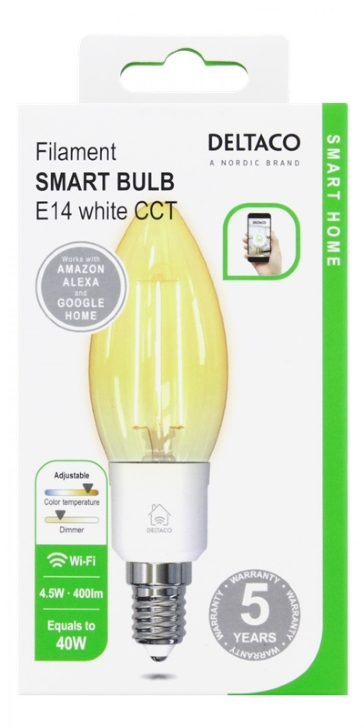 DELTACO SMART HOME FILAMENT LED-lampa, E14, WiFI, 4.5W, 1800K-6500K
