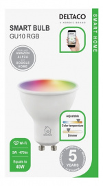 DELTACO SMART HOME LED-lampa, GU10, WiFI 2,4GHz, 5W, 470lm, dimbar, 2700K-6500K,