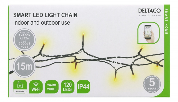 DELTACO SMART HOME WiFi light chain, 15m, 120 led, adapter,IP44,WW