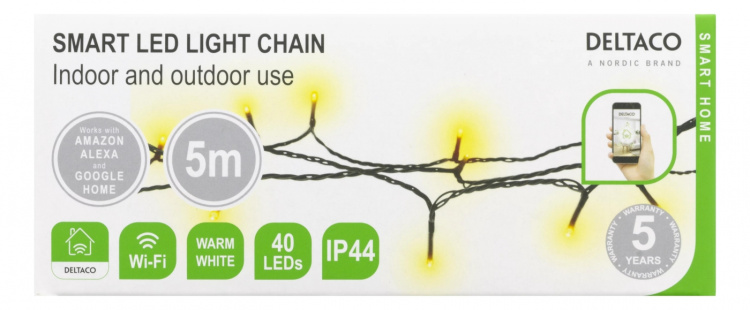 DELTACO SMART HOME WiFi light chain, 5m, 40 led, adapter,IP44, WW