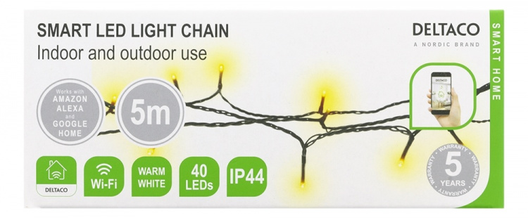 DELTACO SMART HOME WiFi light chain, 5m, 40 led, adapter,IP44, WW