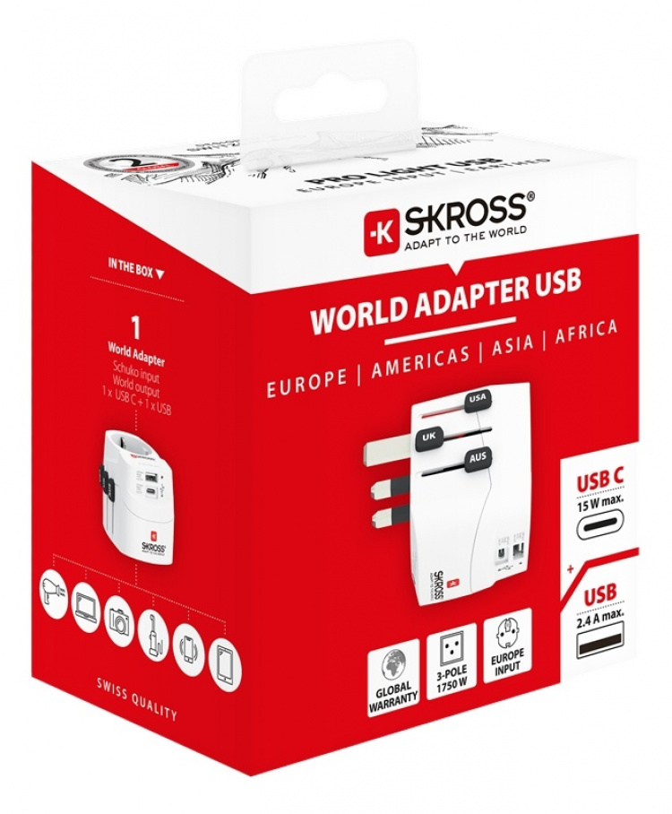 SKROSS PRO Light USB (AC), 3-pole travel adapter, 1x USB-A, 1x USB-C