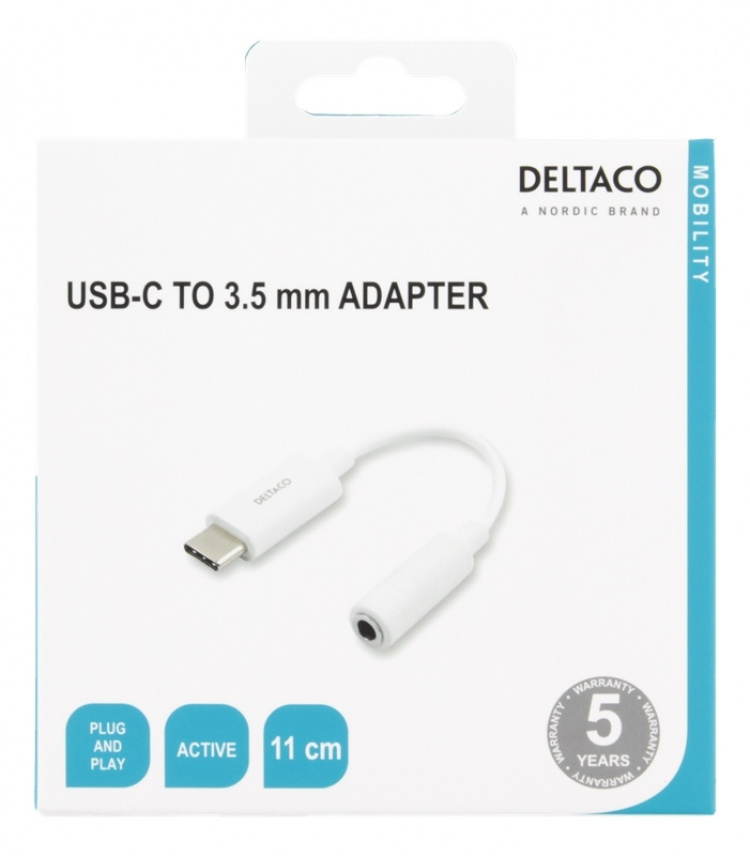 DELTACO USB-C till 3,5 mm adapter, stereo, aktiv, 11 cm, vit