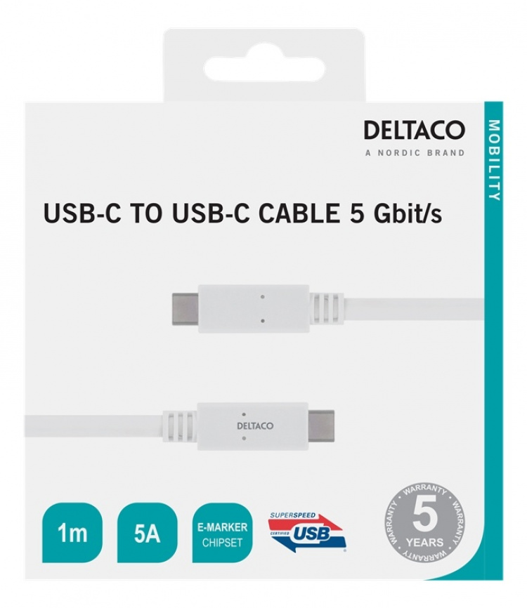 DELTACO USB-C - USB-C cable, 5Gbit/s, 5A, 1M, white