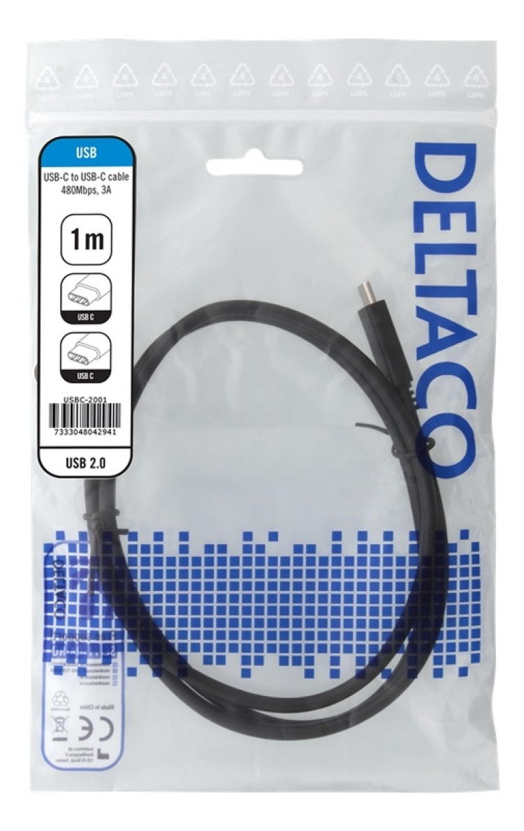 DELTACO USB 2.0 kabel, Typ C - Typ C, 1m, svart