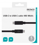 DELTACO USB 2.0 USB-C till USB-C-kabel, 1 m, USB-IF, 480 Mbit/s, svart