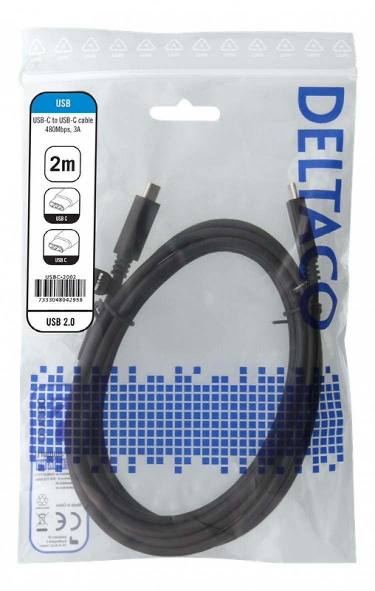 DELTACO USB 2.0 kabel, Typ C - Typ C, 2m, svart