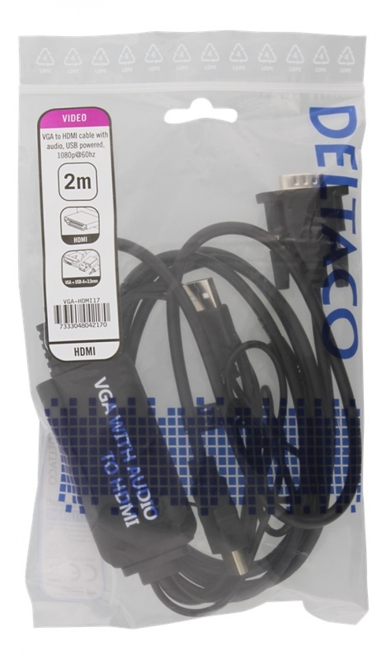 DELTACO VGA till HDMI- och ljudkabel, 2m, FHD, drivs via USB, svart