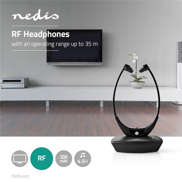 Nedis Trådlösa TV-hörlurar | RF, frequency 868 Mhz | In-Ear | Maximal batteritid: 4.5 timmar | 35 m | Digitalt ljud | Batteri docka | Balans kontroll | Svart Nedis Trådlösa TV-hörlurar | RF, frequency 868 Mhz | In-Ear | Maximal batteritid: 4.5 timmar | 35 m | Digitalt ljud | Batteri docka | Balans kontroll | Svart