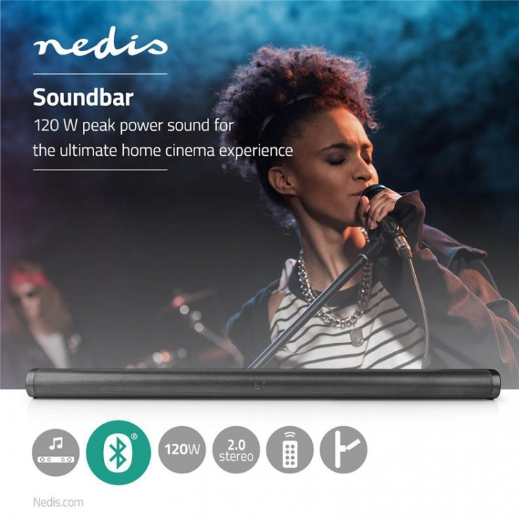 Nedis Soundbar | 2.0 | DSP-program | 135 W | 1x 3.5 mm / 1x Coax Audio / 1x Optical / 1x USB | 1x HDMI (with ARC) | Bluetooth® | Monterbar | Mörkgrå / Svart