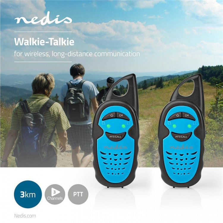 Nedis Walkie-talkie Set | 2 handenheter | Upp till 3 km | Frekvens kanaler: 3 | PTT | Upp till 3 timmar | Blå / Svart Nedis Walkie-talkie Set | 2 handenheter | Upp till 3 km | Frekvens kanaler: 3 | PTT | Upp till 3 timmar | Blå / Svart