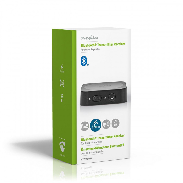 Nedis Bluetooth® Transceiver | Ingång för audio/video/dataanslutningar: 1x AUX | Audio / video / dataanslutningar utgång: 1x AUX | SBC | Upp till 1 enhet | Maximal batteritid: 6 timmar | Svart
