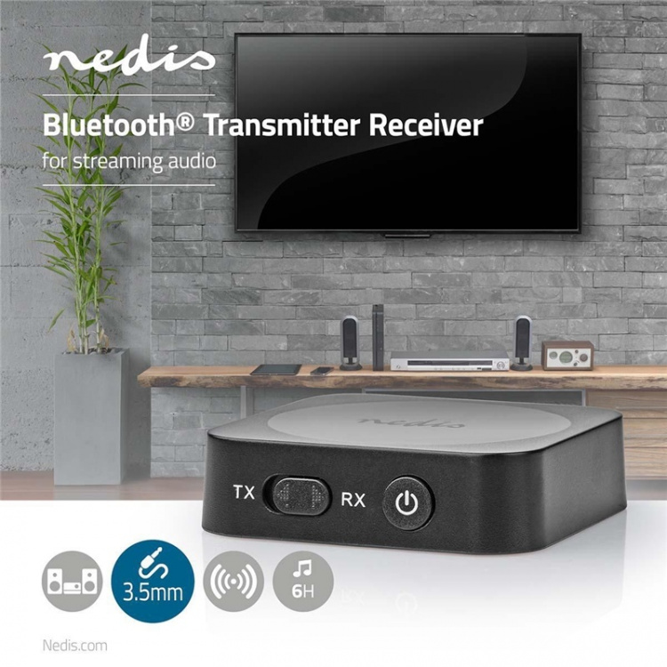 Nedis Bluetooth® Transceiver | Ingång för audio/video/dataanslutningar: 1x AUX | Audio / video / dataanslutningar utgång: 1x AUX | SBC | Upp till 1 enhet | Maximal batteritid: 6 timmar | Svart