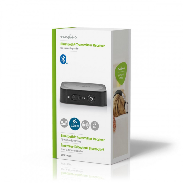 Nedis Bluetooth® Transceiver | Ingång för audio/video/dataanslutningar: 1x AUX | Audio / video / dataanslutningar utgång: 1x AUX | SBC | Upp till 1 enhet | Maximal batteritid: 6 timmar | Svart