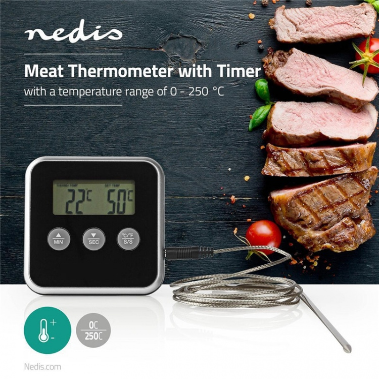 Nedis Kötttermometer | Alarm / Timer | LCD | 0 - 250 °C | Silver / Svart
