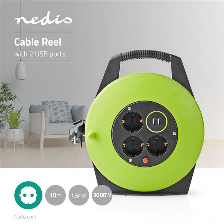Nedis Kabel rulle | Jordad kontakt | 10.0 m | 3000 W | 16 A | Typ av jordning: Sidkontakt | 230 V AC 50/60 Hz | Uttagsvinkel: 90 ° | H05VV-F 3G1.5mm² | Säkring: Ja | Grön / Svart Nedis Kabel rulle | Jordad kontakt | 10.0 m | 3000 W | 16 A | Typ av jordning: Sidkontakt | 230 V AC 50/60 Hz | Uttagsvinkel: 90 ° | H05VV-F 3G1.5mm² | Säkring: Ja | Grön / Svart