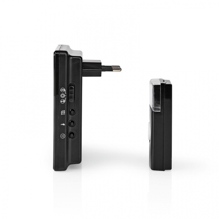 Nedis Trådlösa dörrklockan | Strömadapter | 220 - 240 V AC 50 Hz | 1x CR2032 | Volym: 80 dB | Signalområde: 300 m | IP44 | Justerbar volym | 36 Melodier | 1 Mottagare | Svart Nedis Trådlösa dörrklockan | Strömadapter | 220 - 240 V AC 50 Hz | 1x CR2032 | Volym: 80 dB | Signalområde: 300 m | IP44 | Justerbar volym | 36 Melodier | 1 Mottagare | Svart