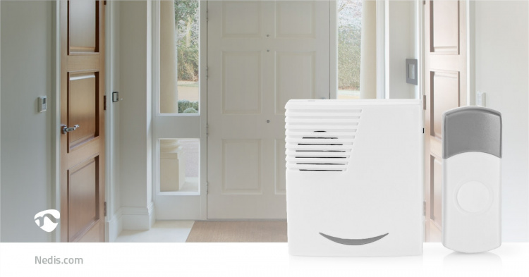 Nedis Trådlösa dörrklockan | Batteridriven | 3 V DC | 1x CR2032 | Volym: 80 dB | Signalområde: 300 m | IP44 | 36 Melodier | 1 Mottagare | Grå / Vit Nedis Trådlösa dörrklockan | Batteridriven | 3 V DC | 1x CR2032 | Volym: 80 dB | Signalområde: 300 m | IP44 | 36 Melodier | 1 Mottagare | Grå / Vit