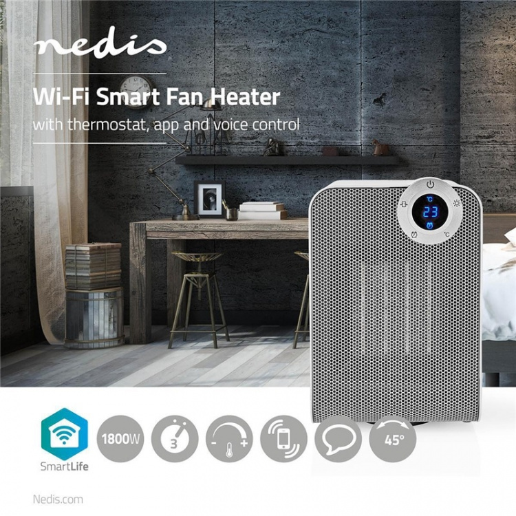 Nedis SmartLife Keramisk PTC Fläktvärmare | 1800 W | 3 Värmeinställningar | Svängning | Display | 15 - 35 °C | Android™ / IOS | Vit