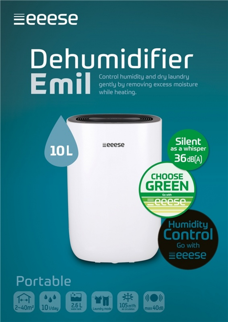 Emil - tyst avfuktare 40dB, 40m2, timer, 2 hastigheter, torkläge Emil - tyst avfuktare 40dB, 40m2, timer, 2 hastigheter, torkläge