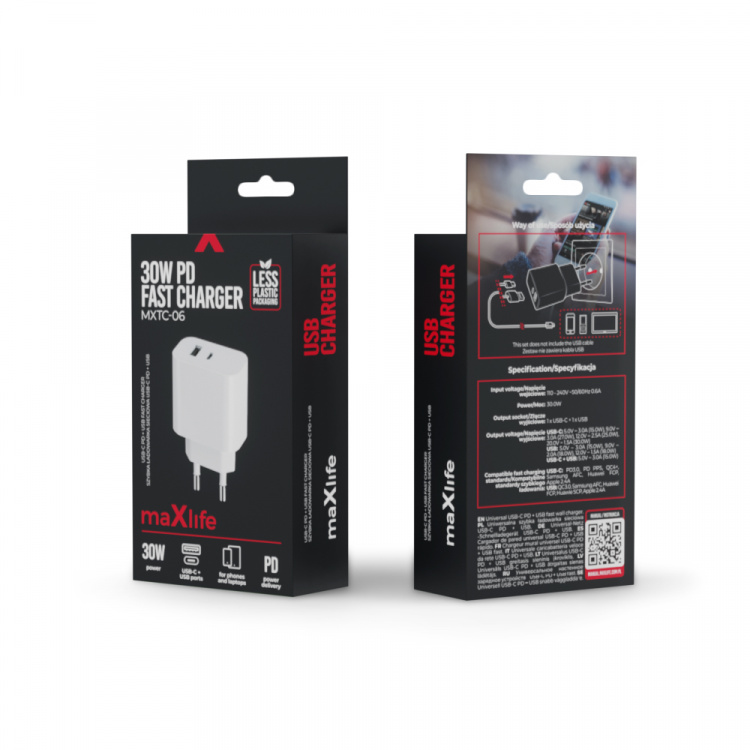 Maxlife MXTC-06 - PD QC Väggladdare 1x USB-C, 1x USB, 30W, Vit