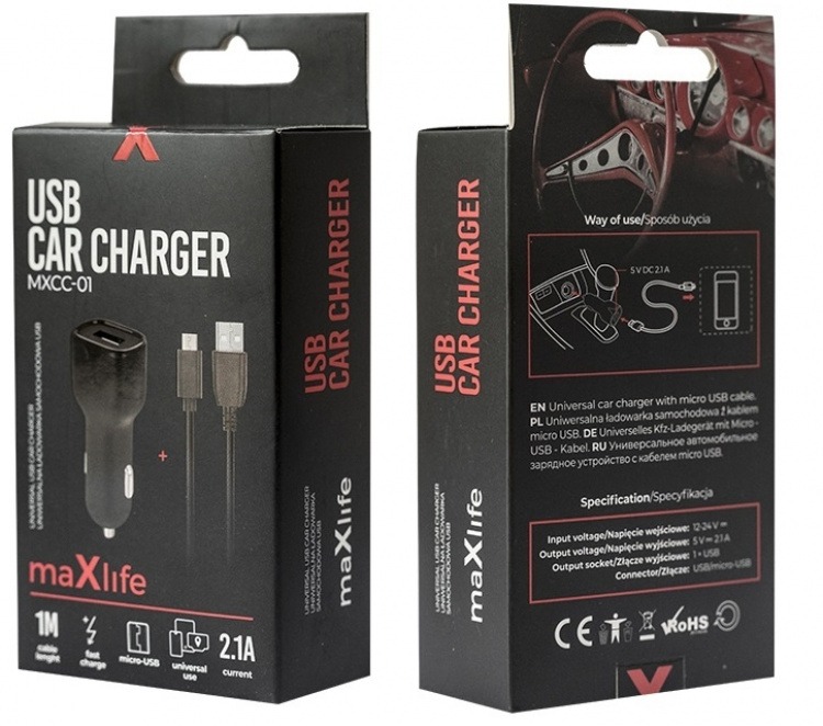 Maxlife MXCC-01 USB Billaddare 1x USB 2.1A + microUSB kabel
