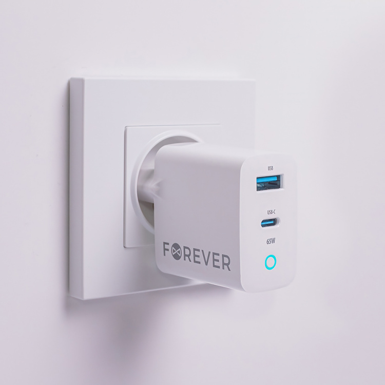 Forever GaN TC-06-65AC PD QC Väggladdare 1x USB-C 1x USB 65W