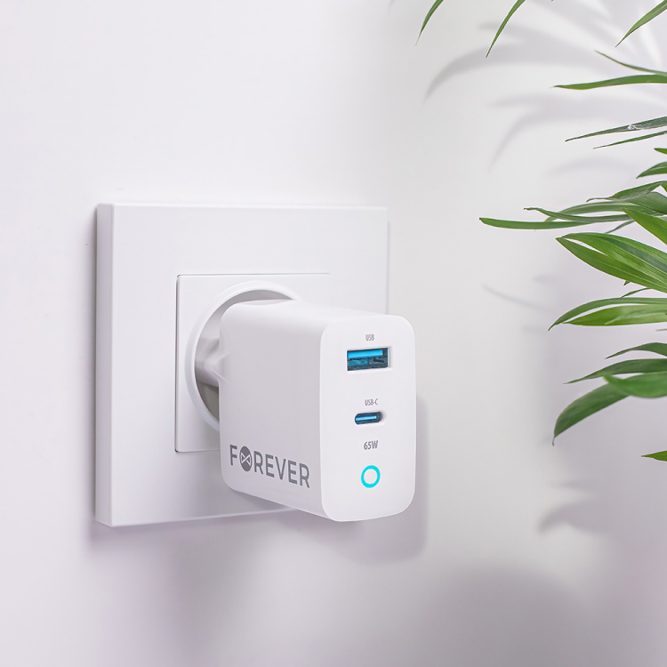 Forever GaN TC-06-65AC PD QC Väggladdare 1x USB-C 1x USB 65W