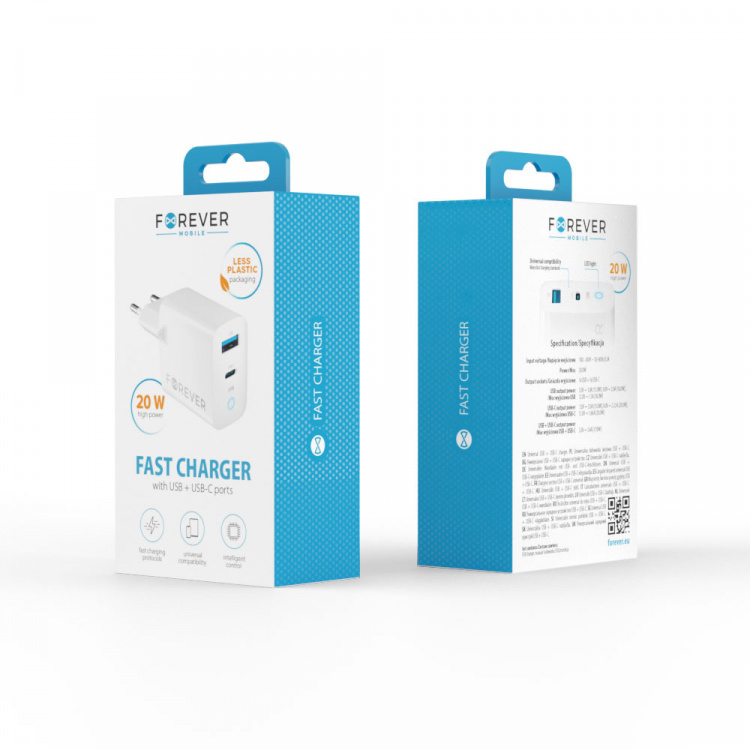 Forever TC-06-20AC PD QC Väggladdare 1x USB-C 1x USB 20W Forever TC-06-20AC PD QC Väggladdare 1x USB-C 1x USB 20W