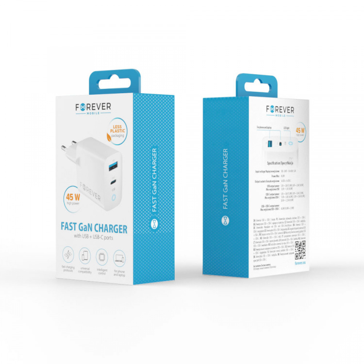 Forever TC-06-45AC GaN PD QC Väggladdare 1x USB-C 1x USB 45W
