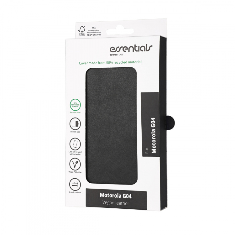 Essentials Motorola Moto G04 PU Plånboksfodral, 3 kort, Svart