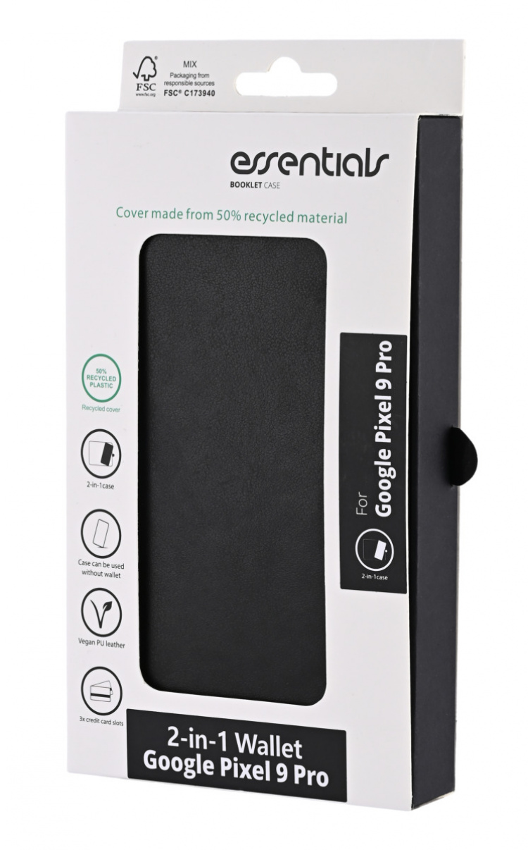 Essentials Google Pixel 9 Pro PU wallet, detachable, 3 cards, black