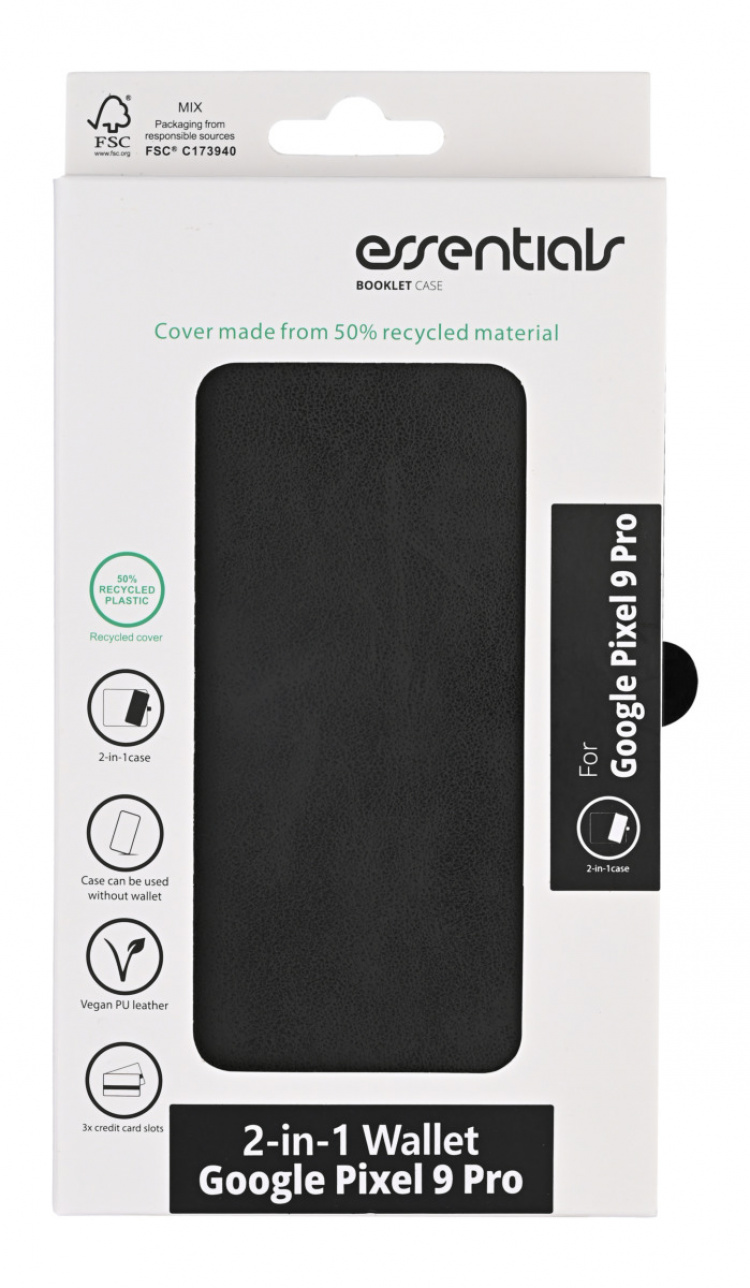 Essentials Google Pixel 9 Pro PU wallet, detachable, 3 cards, black