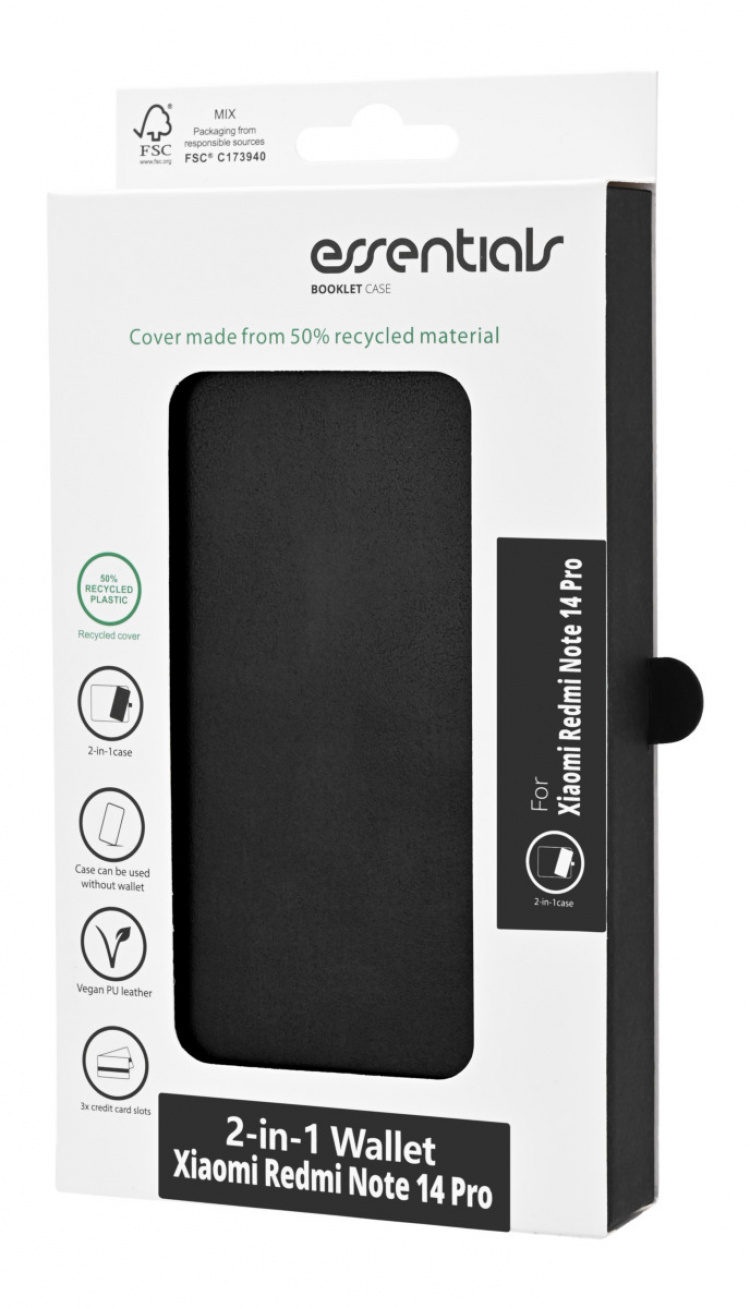 Essentials Xiaomi Redmi Note 14 Pro PU-plånbok, avtagbar, 3 kort, svart