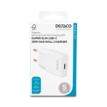 DELTACO USB-C väggladdare, 1x USB-C PD 30 W, slimmad storlek, stödjer PPS